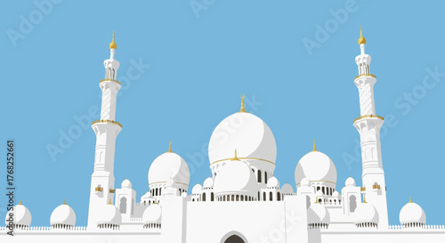 This flat design illustration depicts the majestic architecture of a mosque, symbolizing Islamic worship and community. Its clean lines and limited color palette offer a modern and versatile visual.