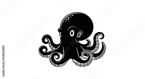 Monochrome cartoon illustration of a cheerful and curious octopus with swirling tentacles