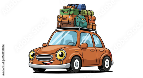Cartoon car with animated eyes overloaded with luggage ready for road trip adventure