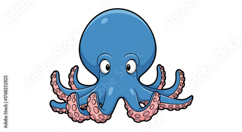 Adorable blue cartoon octopus with big eyes and pink suction cups against white backdrop