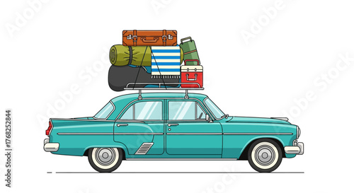Vintage turquoise car brimming with luggage ready for a memorable road trip adventure