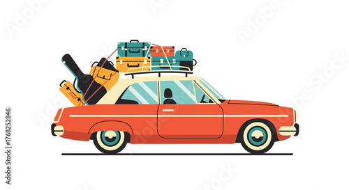 Cartoon illustration of a vintage car packed with luggage for a road trip adventure