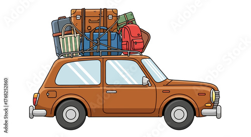 A vintage car loaded with luggage ready for a road trip adventure illustration style