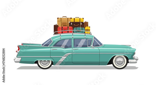 Retro road trip: Classic car loaded with luggage ready for a vacation adventure holiday