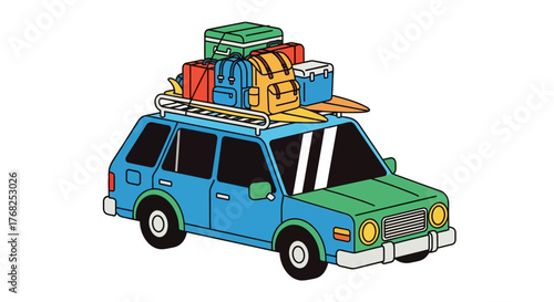 Cartoon car overloaded with baggage ready for long trip or vacation adventure cartoon illustration