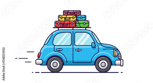 Whimsical vacation journey: a cartoon car loaded with colorful luggage adventures and memorable
