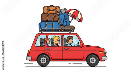 Family escapade with luggage loaded on a red car, ready to discover new horizons and create
