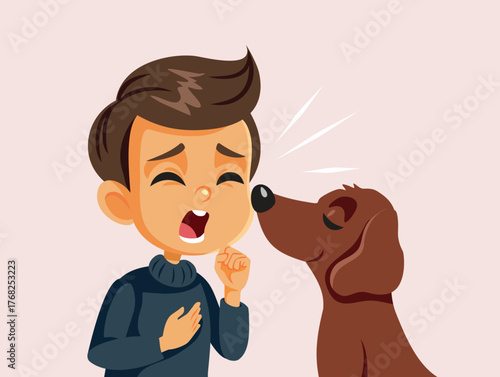 Child Coughing Because of Dog Allergy Vector Illustration. Pet owner having hyper sensitivity at the domestic animal fur