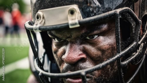 Close-up of determined American football player with mud-streaked face staring down the lens, raw adrenaline and grit made for high-intensity sports branding and motivational promos.