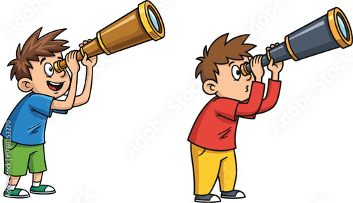 Cartoon boys using telescopes, kids exploration activity, outdoor curiosity, science learning, discovery theme, fun childhood moment, educational vector illustration