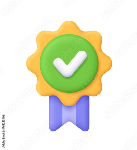 Gold yellow badge medal with green check mark and purple ribbon. Premium quality, approval, certification, success and achievement concept. 3d vector icon. Cartoon minimal style.