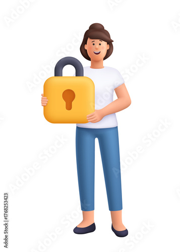 Young smiling woman Jane holding large yellow padlock. Security, privacy, protection, data safety and protection concept. 3d vector people character. Cartoon minimal style.