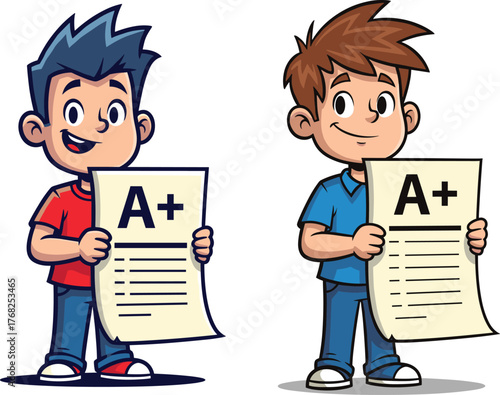 Cartoon boys with A+ papers, academic success, school achievement, proud students, grade excellence, classroom performance, vector illustration, education concept