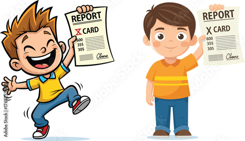 Cartoon boys with report cards, emotional reactions, academic results, school evaluation, student performance, childhood expression, vector illustration, education concept