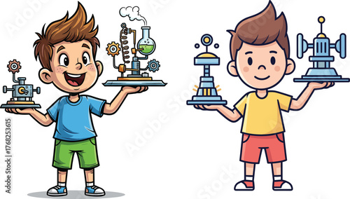 Cartoon boys with science and technology trays, STEM activity, educational tools, robotics and chemistry, student engagement, vector illustration, childhood learning