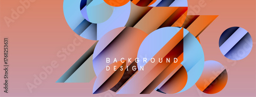 Abstract geometric shapes overlap, creating dynamic visual composition. Soft pink background complements vibrant blue, orange hues. Modern design element.