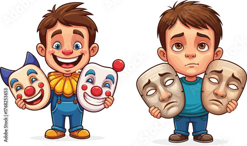 Cartoon boys with theatrical clown masks, emotional expression illustration, colorful vector art, childhood drama concept, happy and sad character scene