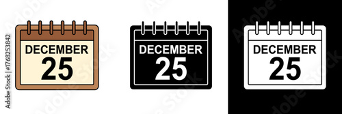 Flat vector calendar icon with December 25 marked, symbolizing Christmas Day celebration. Clean minimal style for holiday design, posters, and greeting cards.