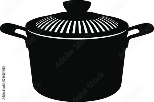 Silhouette Cooking Pot with Lid and Handles Culinary Kitchenware Cookware Black Vector