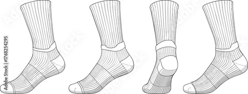 Athletic sock illustration, multi-angle view, technical drawing, ribbed texture, reinforced heel, vector artwork, performance wear, fashion rendering, product visualization, stock illustration,
