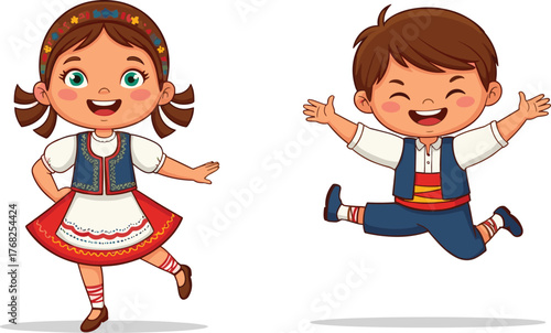 Cartoon children dancing, traditional folk costumes, cultural celebration, festive movement, embroidered outfits, joyful expression, vector illustration, isolated on white background