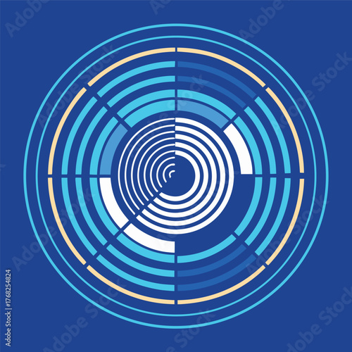 Abstract geometric circle design with white lines and blue background
