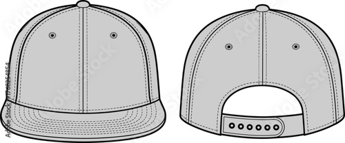 Baseball cap front and back view, technical drawing, vector sketch, adjustable strap, flat brim, fashion accessory, grayscale illustration
