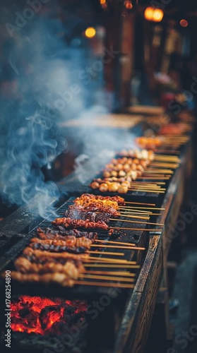 Steaming grilled skewers with smoke rising, rich color and flavor. Perfect for food stalls, BBQ marketing, travel storytelling and culinary lifestyle branding visuals.