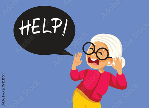 Scared Elderly Woman Screaming for Help Vector Character. fearful grandma feeling in danger and asking for a helpful hand
