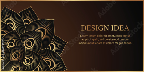 Golden peacock feathers on a black background. Modern luxury wedding invitation design or card template for business or presentation or greeting.
