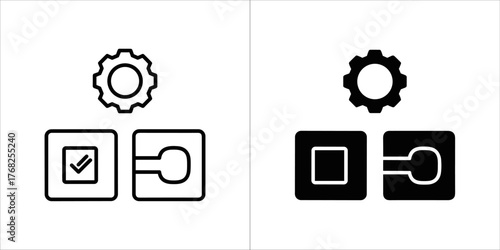 Two sets of icons representing settings or configuration, one solid black and one outline