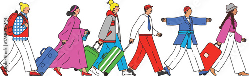 Group of diverse travelers walking with luggage, a vibrant and playful illustration