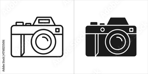 Two icons of a camera, one outlined and one solid black
