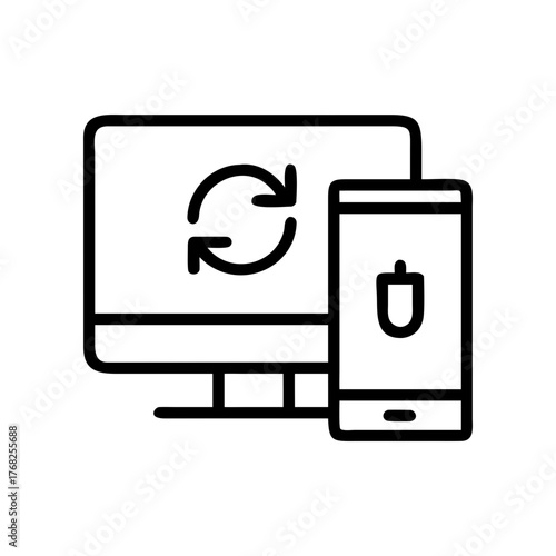 Computer and phone syncing outline icon on transparent background silhouette