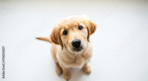 Close-Up High Angle of Sweet Golden Retriever Puppy Sitting and Looking Up with Head Tilted