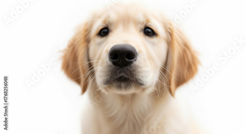 Extreme Close-Up of Golden Retriever Puppy's Face Focusing on Nose and Eyes, White Background