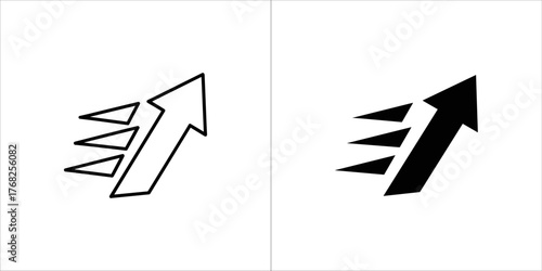 Set of two upward arrow icons with motion lines, one outline and one filled