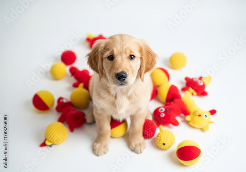 Adorable Golden Retriever Puppy Sitting Amongst Red and Yellow Dog Toys on White Background