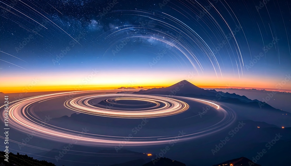 Fototapeta premium Majestic mountain view at twilight, light trails forming spiral over misty landscape under starry, swirling sky