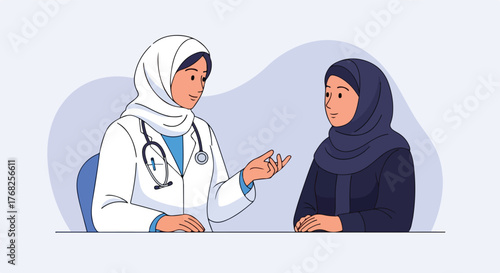 Muslim female doctor consulting with patient in clinic office, offering medical advice and support in a caring and professional manner.
