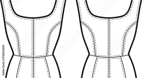 Bodice technical illustration, front view, princess seams, waist seam, garment construction sketch, fashion design, sewing template, apparel structure