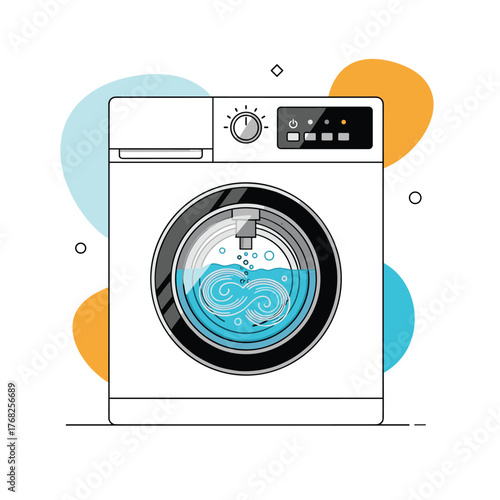 Illustration of a modern white front-loading washing machine with blue swirling water and bubbles in the drum, set against an abstract background.