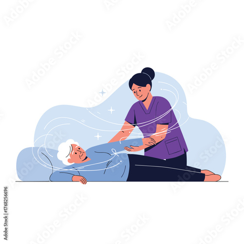 A compassionate healthcare professional provides gentle therapeutic care to an elderly patient lying down, emphasizing recovery and support.