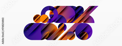 Abstract shapes overlap, creating dynamic composition. Purple, orange hues dominate design. Modern, minimalist aesthetic present.