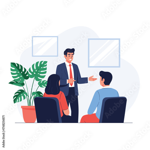 Professional speaker in a suit presenting to two attentive individuals, illustrating business consultation or training.