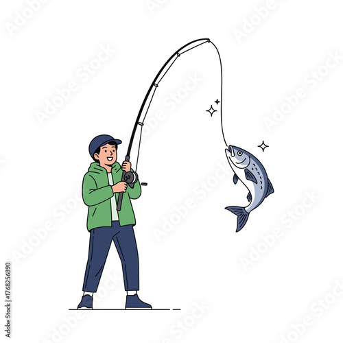 A happy young man wearing a hat and jacket is fishing, excitedly reeling in a freshly caught fish sparkling in the air.