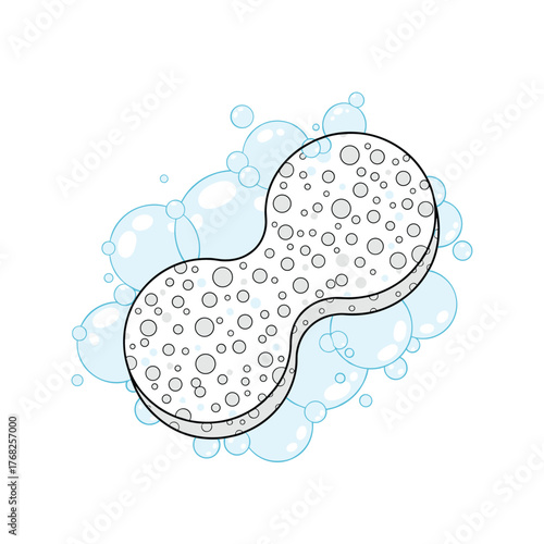 Cartoon illustration of a contoured, porous cleaning sponge surrounded by blue soap bubbles, depicted on a clean white background.