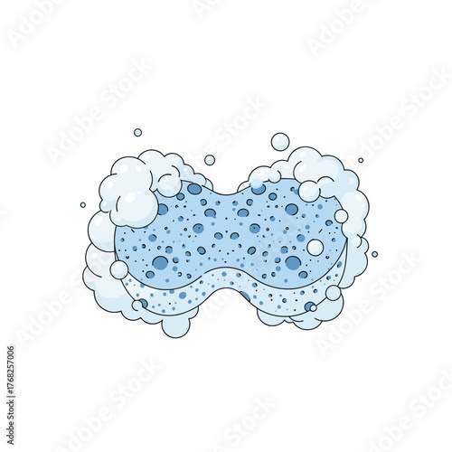 A cartoon-style bubbly blue cleaning sponge covered in fluffy white soap suds and bubbles, ready for washing and scrubbing.