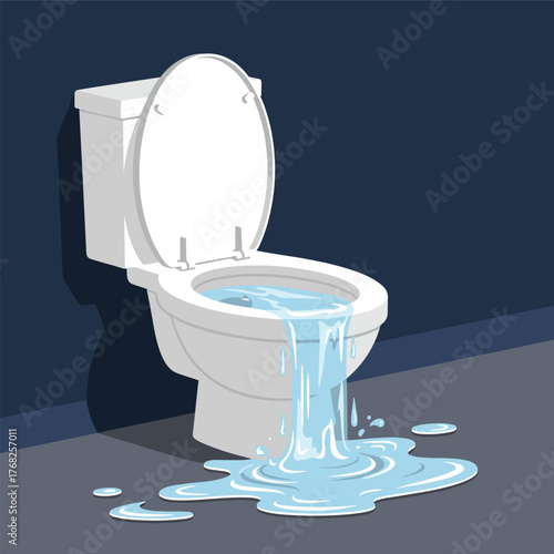 A white toilet with its lid open overflows with water, creating a large puddle on the dark gray floor in a dimly lit bathroom.
