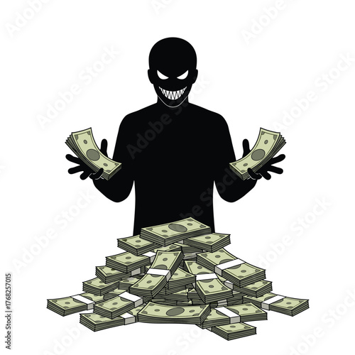 A sinister, grinning shadow figure with sharp teeth clutches stacks of money, standing over a large pile of cash, symbolizing greed and corruption.
